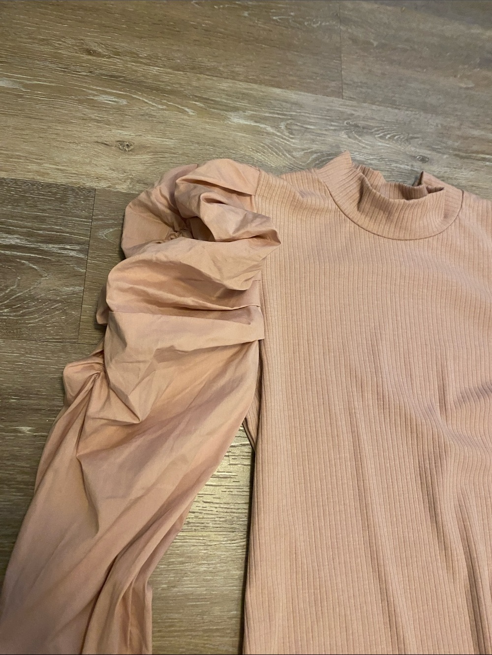 Ribbed Puff-Sleeve Mock Neck Top in Blush Pink - Picture 2 of 7
